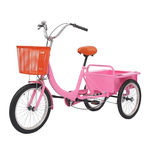 OUKANING Dreirad für Erwachsene 18 Zoll - 3 Räder Fahrrad mit Einkaufskorb bis 150kg Belastbar Höhenverstellbar Erwachsene Dreirad mit 2 Korb Tricycle für Erwachsene und Senioren (Rosa) von OUKANING