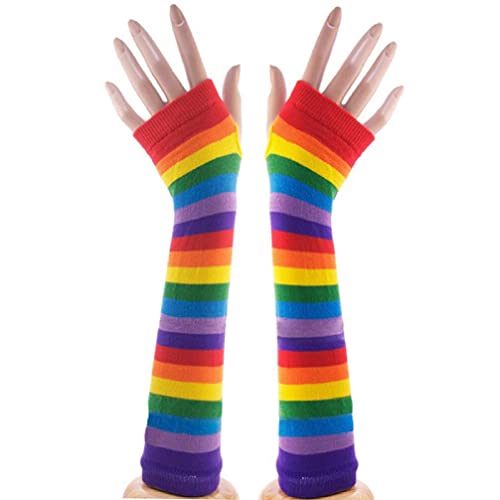 OULII Regenbogen Handschuh Karnevalskostüm Regenbogen Streifen Arm Warmer Strick Halbhandschuhe für Party Halloween Festival Weihnachtskostüme von OULII