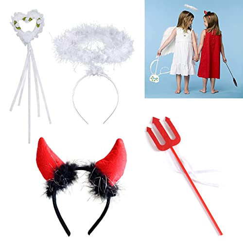 OUMDON 4 Stücke Engel und Teufel Hörner Stirnband Set, Karneval Engel Heiligenschein Haarreif, Rot Teufelshörner Haarreif, Teufel Rot Dreizack, Weißer Feenstab für Halloween Kostüm Party von OUMDON