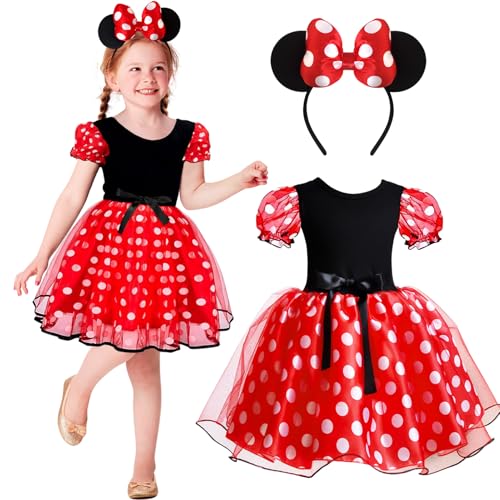 OUMDON Mini Mouse Kostüm Kinder: Maus Kostüm Mädchen mit Maus Ohren Haarreif - Mini Kleid Mouse für Kinder Karneval Cosplay Fasching Geburtstag Größ 2 bis 9 Jahren (Mini Maus, 100) von OUMDON