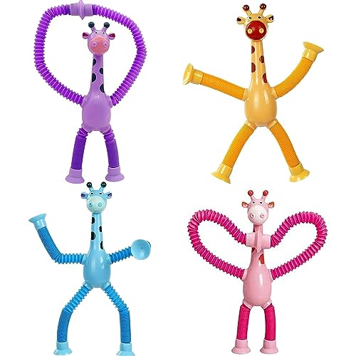 4 Stück Teleskop Giraffe Saugnapf Spielzeug,Giraffe Pop Röhren Sensorik Spielzeug,Sensorisches Spielzeug Baby,Giraffe Mit Verschiedenen Formen,Giraffen Teleskop Pop Tubes Spielzeug,für Jungen Mädchen von OUOQI