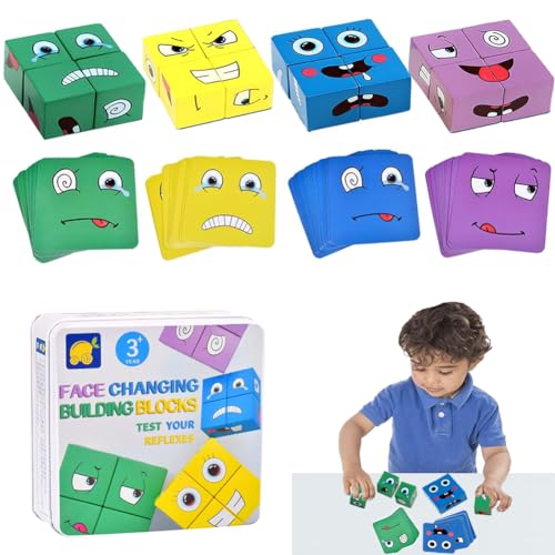Gesichter Ausdruck Holzwürfel Puzzle,Bauen Würfeln Zauberwürfel Spielzeug,Emoji Montessori IQ Puzzle Interaktion Spiel,3D Puzzle Face-Changing Magic Cube Spiel für Kinder 6+ Jahre alt von OUOQI