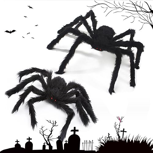 OUOQI 2 Stück Halloween Spinnen,Halloween Realistische Haarige Spinnen,Riesen Spinne Halloween Deko Outdoor,Halloween Spinne Requisiten,Gruselige Spinne Realistische große Spinne Requisiten,75cm-90cm von OUOQI