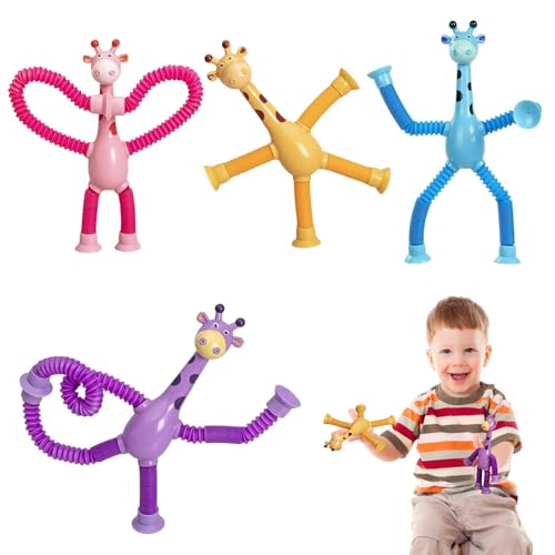 4 Stück Teleskop-Giraffe-Saugnapf-Spielzeug,Giraffe Pop Röhren Sensorik Spielzeug,Pädagogisches Stress Spielzeug,Toddler Sensory Toys,Pop Tubes Sensorische Stressabbau Spielzeug für Kinder von OUOQI