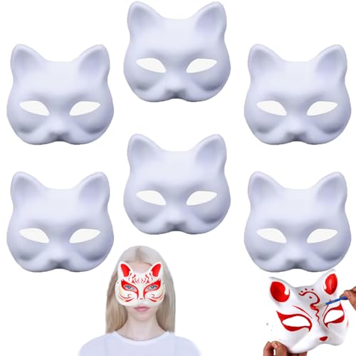 OUOQI 6 Stück Weiße Cat Mask, DIY Katzenmaske, Therian Mask, Weiße Katzenmaske, Weiße Plastikkatzenmaske, Katzen Masken zum Bemalen, Katzenmasken zum Anmalen, für Halloween Cosplay Party von OUOQI