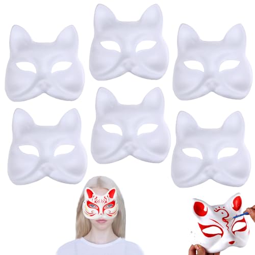 OUOQI 6 Stück Leere Weiße Fuchs Maske, Weiße Papier Maske, Party Maske Unbemalt Masken Fuchsmaske, Fuchs Cosplay Maske, Tiermasken Zum Bemalen Fuchsmasken, Cosplay Maske Weiß, Weiße DIY Maske von OUOQI