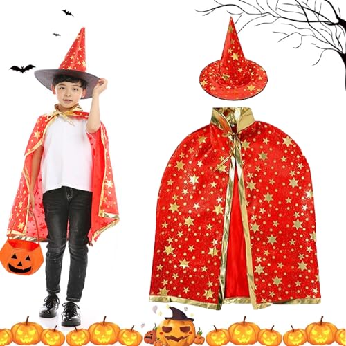 OUOQI Halloween-Hexenumhang Kinder Halloween Kostüm Halloween Witch Wizard Cape,Wizard Cape Witch Umhang mit Hut Kürbis Candy Bag,Witch Umhang,Kinder Halloween Umhange für Kinder Halloween Karneval von OUOQI