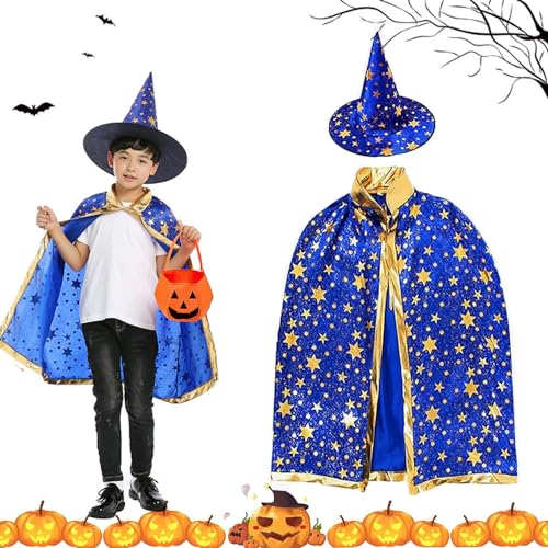 OUOQI Halloween-Hexenumhang Kinder Halloween Kostüm Halloween Witch Wizard Cape,Wizard Cape Witch Umhang mit Hut Kürbis Candy Bag,Witch Umhang,Kinder Halloween Umhange für Kinder Halloween Karneval von OUOQI