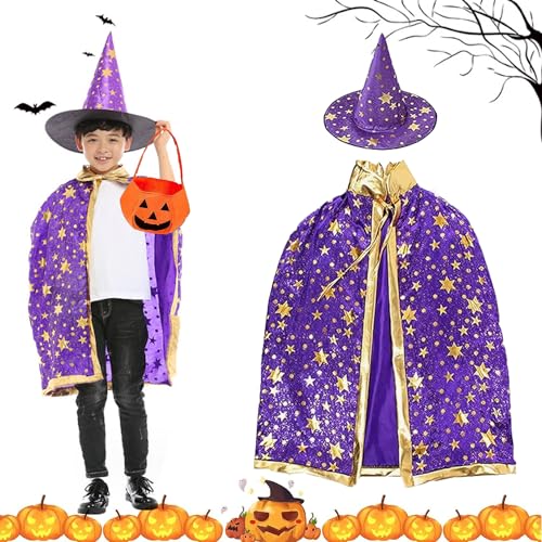 OUOQI Halloween-Hexenumhang Kinder Halloween Kostüm Halloween Witch Wizard Cape,Wizard Cape Witch Umhang mit Hut Kürbis Candy Bag,Witch Umhang,Kinder Halloween Umhange für Kinder Halloween Karneval von OUOQI