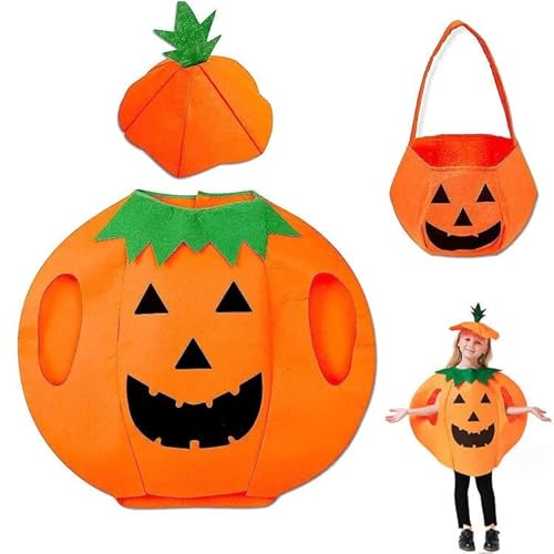 OUOQI Halloween Kürbis Kostüm Kinder,Halloween Kostüm Kürbiskostüm,Kinder Kürbis Kostüm,Halloween Kürbiskostüm mit Kürbis Candy Bag,Kürbis Kostüm,für Halloween Karneval Party Cosplay Kinder von OUOQI