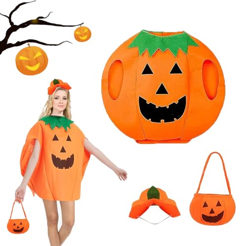 OUOQI Kürbis Kostüm,Pumpkin Costume Adult,Halloween Pumpkin Costume,mit Kürbiskorb und Hut,Halloween kürbis kostüm Anzug,Halloween Kürbis Kostüm,Kürbis Kostüm Mit Mütze Kürbis Süßigkeitenbeutel von OUOQI