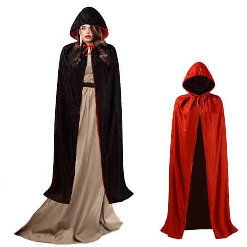 OUOQI Unisex Umhang mit Kapuze,Vampir Umhang mit Kapuze,Schwarz Rot Kapuzenumhang,Dracula Umhang,Halloween Umhänge,Rot Doppelseitig mit Kapuze,Umhang Erwachsener,für Cosplay Halloween Kostüm (140CM) von OUOQI