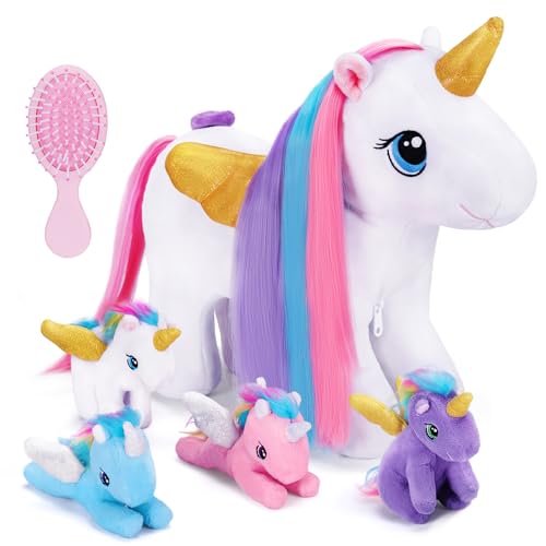 OUOZZZ 5 Stück Einhorn Kuscheltier Set, Weich Einhorn Plüschtier mit 4 Baby Einhorn Stofftiers im Bauch - Baby Geburtstagsgeschenk für Mädchen Jungen Kinder von OUOZZZ