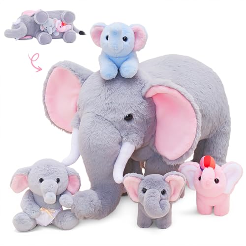 OUOZZZ 5 Stück Elefant Kuscheltier Set, Weich Elefant Plüschtier mit 4 Baby Elefanten Stofftiere im Bauch - Baby Geburtstagsgeschenk für Kinder von OUOZZZ