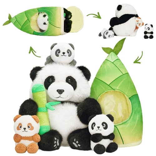 OUOZZZ 5 Stück Panda Kuscheltier und Bambus-Tasche, 25cm Weich Panda Plüschtier mit 3 Baby Panda Stofftiere im Bauch - Baby Geburtstagsgeschenk für Kinder von OUOZZZ