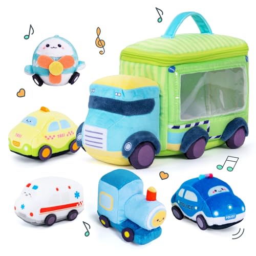 OUOZZZ Baby-Geschenk „Mein erstes weiches Autospielzeug“ – 6-teiliges Plüschspielzeug-Set mit quietschender Glocke, sensorische Puppe, Kleinkind-Geburtstagsgeschenk, Kleinkind-Junge, 24 cm von OUOZZZ