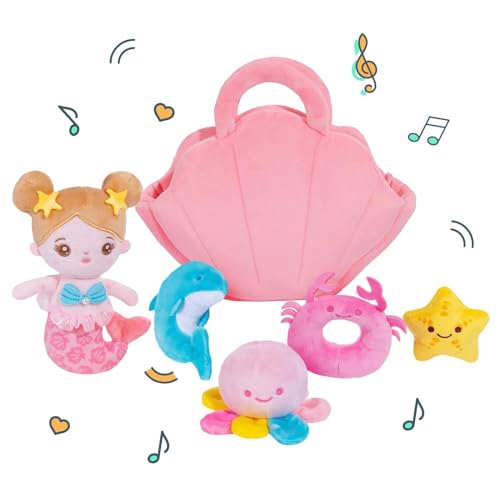 OUOZZZ Baby-Geschenke für Mädchen, Meerjungfrauen-Spielzeug – 6-teiliges Plüsch-Puppen-Spielzeug, Ozean-gefülltes Spielset mit Quietscher, Knistern und Glöckchen, sensorische kleine Puppen von OUOZZZ