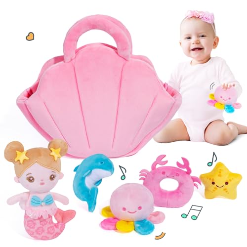 OUOZZZ Baby Meerjungfrau Spielzeug ab 1 2 3 Jahre - 6 Stück Plüsch Meerjungfrau Puppe Plüschtier Spielset mit Sound, Kinderspielzeug Baby Geschenke für Mädchen Jungen, 28cm von OUOZZZ