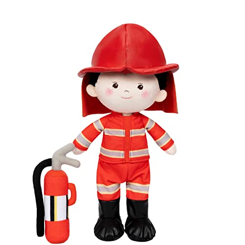 OUOZZZ Baby Puppe, Weiche Stoffpuppe Jungen Feuerwehrmann Puppe, Stoffpuppen Kuschelpuppe für Kinder ab 3 Monaten - Baby Geschenk zur Geburt Jungen Mädchen, 39cm von OUOZZZ