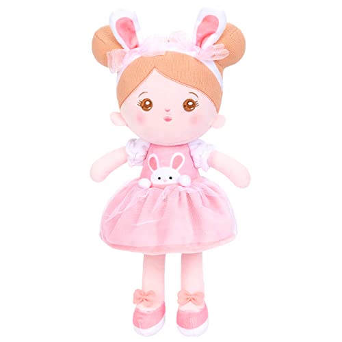 OUOZZZ Baby Puppe, Weiche Stoffpuppe mit Kleidung, Rosa Hasen-Puppe Kuschelpuppe für Kinder ab 3 Monaten - Baby Geschenk zur Geburt Mädchen Jungen, 38cm von OUOZZZ