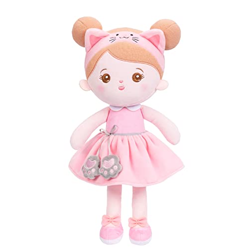 OUOZZZ Baby Puppe, Weiche Stoffpuppe mit Kleidung Rosa, Katzen Plüsch Puppe Kuschelpuppe für Kinder ab 3 Monaten - Baby Geschenk zur Geburt Mädchen Jungen, 32cm von OUOZZZ