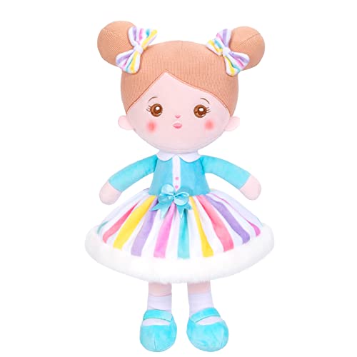 OUOZZZ Baby Puppe, Weiche Stoffpuppe mit Regenbogen Kleid, Stoffpuppen Kuschelpuppe für Kinder ab 3 Monaten - Baby Geschenk zur Geburt Mädchen Jungen, 38cm von OUOZZZ