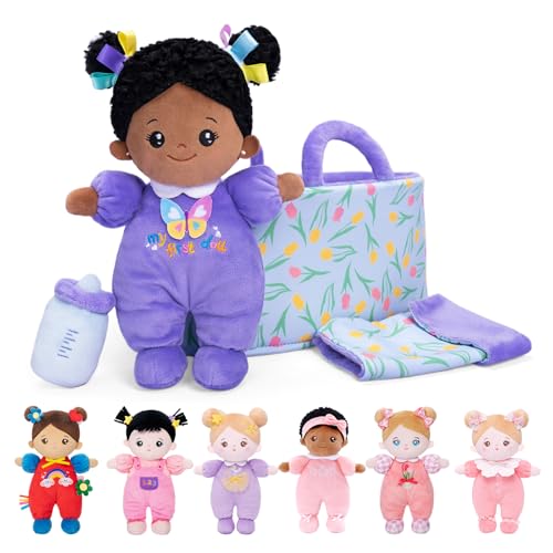 OUOZZZ Baby Puppe mit Tragetasche und Puppenzubehör Lila, 25cm Weiche Afrikanische Stoffpuppe Kuschelpuppe für Kinder ab 3 Monaten - Baby Geschenk zur Geburt Mädchen Jungen von OUOZZZ