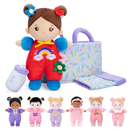 OUOZZZ Baby Puppe mit Tragetasche und Puppenzubehör Lila, 25cm Weiche Stoffpuppe Braune Haut, Kuschelpuppe für Kinder ab 3 Monaten - Baby Geschenk zur Geburt Mädchen Jungen von OUOZZZ