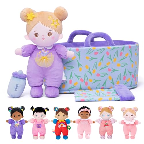 OUOZZZ Baby Puppe mit Tragetasche und Puppenzubehör Lila, 25cm Weiche Stoffpuppe Kuschelpuppe für Kinder ab 3 Monaten - Baby Geschenk zur Geburt Mädchen Jungen von OUOZZZ