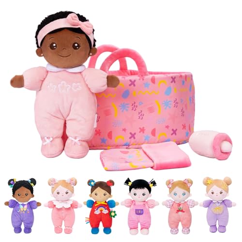 OUOZZZ Baby Puppe mit Tragetasche und Puppenzubehör Rosa, 25cm Weiche Afrikanische Stoffpuppe Kuschelpuppe für Kinder ab 3 Monaten - Baby Geschenk zur Geburt Mädchen Jungen von OUOZZZ