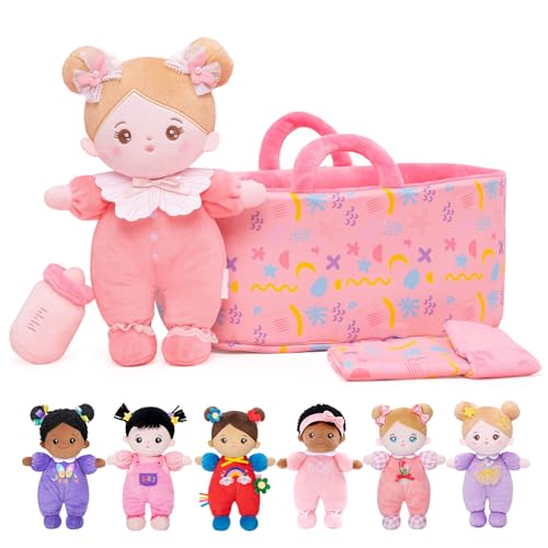 OUOZZZ Baby Puppe mit Tragetasche und Puppenzubehör Rosa, 25cm Weiche Stoffpuppe Kuschelpuppe für Kinder ab 3 Monaten - Baby Geschenk zur Geburt Mädchen Jungen von OUOZZZ