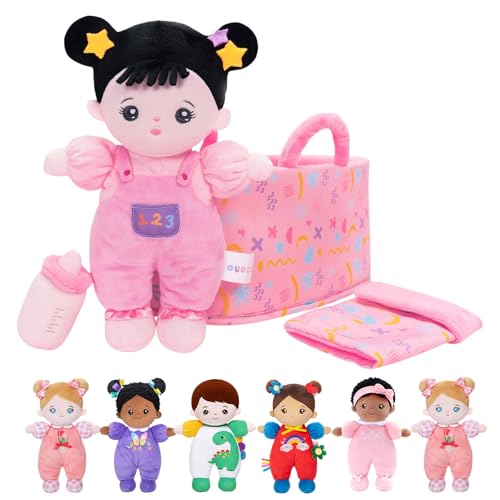 OUOZZZ Baby Puppe mit Tragetasche und Puppenzubehör Rosa, 25cm Weiche Stoffpuppe Schwarzes Haar, Kuschelpuppe für Kinder ab 3 Monaten - Baby Geschenk zur Geburt Mädchen Jungen von OUOZZZ