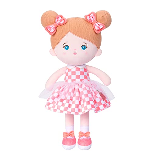 OUOZZZ Baby Puppe, Weiche Stoffpuppe mit Kleidung, Blaue Augen und Rosa Kleid Puppe Kuschelpuppe für Kinder ab 3 Monaten - Baby Geschenk zur Geburt Mädchen Jungen, 38cm von OUOZZZ