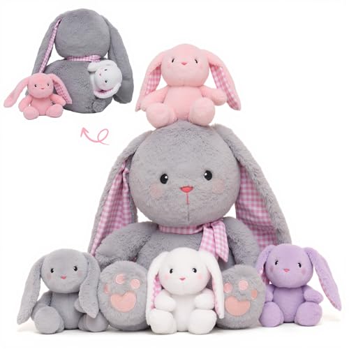 OUOZZZ 5 Stück Hase Kuscheltier Set, 28cm Weich Hase Plüschtier mit 4 Baby Hase Stofftiers im Bauch - Baby Geschenk für Mädchen Jungen Kinder ab 1 2 3 Jahre von OUOZZZ