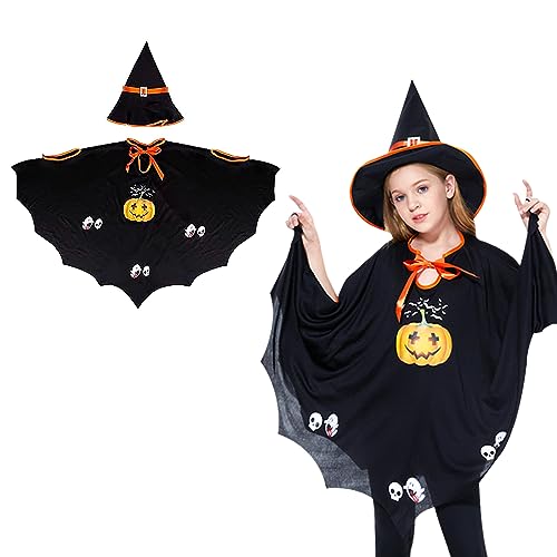 OUQIWEN Halloween Kostüm Kinder,Fledermaus Umhang Mit Hut,Fledermaus Umhang Kostüm Kinder,Halloween Umhang Kinder Geeignet Für Höhe 90-150cm (Schwarz) von OUQIWEN