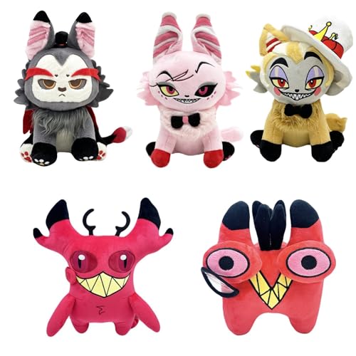 OURDUOJIN (5PCS) Hazbin Hotel Plüsch Husk Meow Puppen, 10-12 Zoll Alastor Plüsch Puppe Plüsch für TV Fans Geschenk, gefüllte Tiere Hazbin Hotel Plüsch Luzifer Figur Kissen Geschenke für Kinder von OURDUOJIN