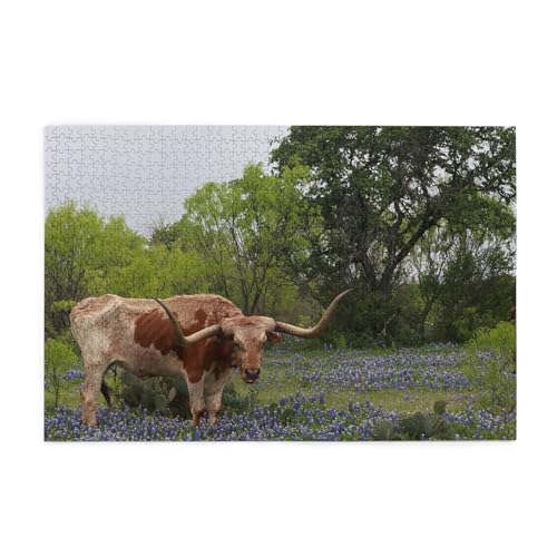 Longhorn Steer And Bluebonnets Print Jigsaw Puzzle 1000 Pieces Wooden Puzzle Gifts For Adult Family Wedding Graduation Gift Vertical Version von OUSIKA