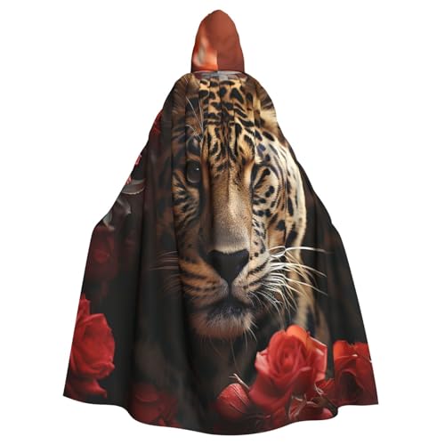 OUSIKA Halloween-Kapuzenumhang mit roter Rose und Tiger, Hexenumhang für Halloween, Cosplay-Kostüm, Unisex von OUSIKA