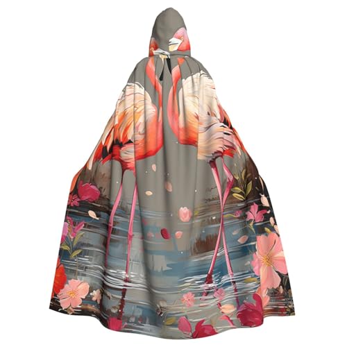 OUSIKA Unisex Halloween Kapuzenumhang Flamingos und Blumen Kapuzenmantel Hexenumhang für Halloween Cosplay Kostüm von OUSIKA