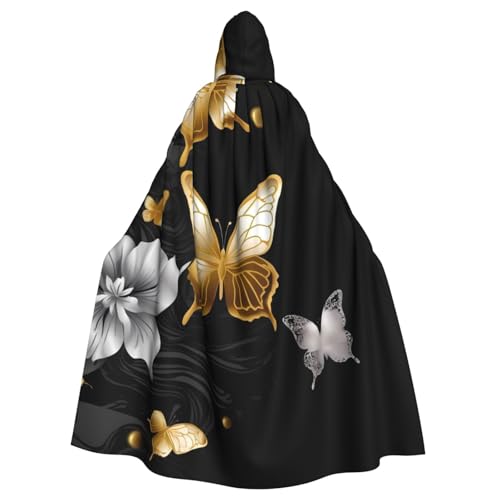 OUSIKA Unisex Halloween Kapuzenumhang in voller Länge, goldfarben, weiße Schmetterlinge, schwarze Kapuze, Hexenumhang für Halloween, Cosplay-Kostüm von OUSIKA