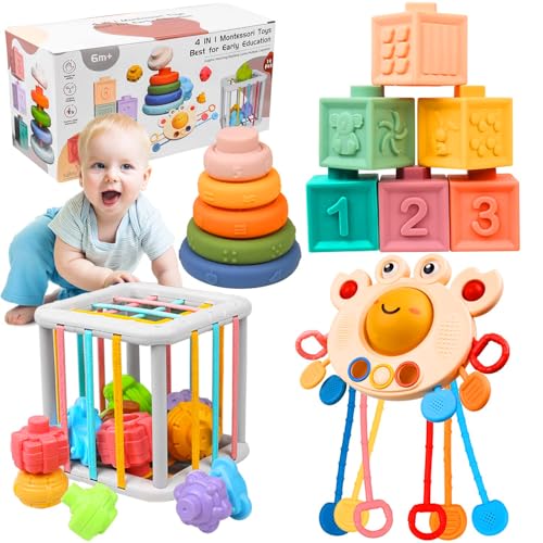 4 in 1 Montessori Baby Spielzeug ab 1 Jahr Feinmotor 6 Monate ikspielzeug/Sensorische Bausteine Stapelspielzeug/Feinmotorikwürfel für 6-12-24 Monate Baby Geschenk für Jungen und Mädchen von OUWANCH