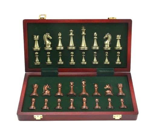 Internationales Schach Schachset Aus Metall, Glänzende Bronze Und Messing, Schachfiguren Aus Massivem Holz, Klappbares Schachbrett, Professionell Schachset von OUYUE