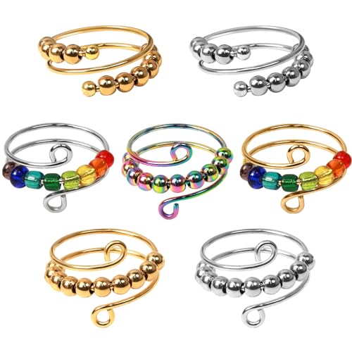 6Pcs Fidget Angst Ringe Set Anxiety Ring Stressringe Offen Einstellbar Anti-Angst Dekompressionsringe Antistress Ringe mit Perlen für Damen Herren von OUZHOU