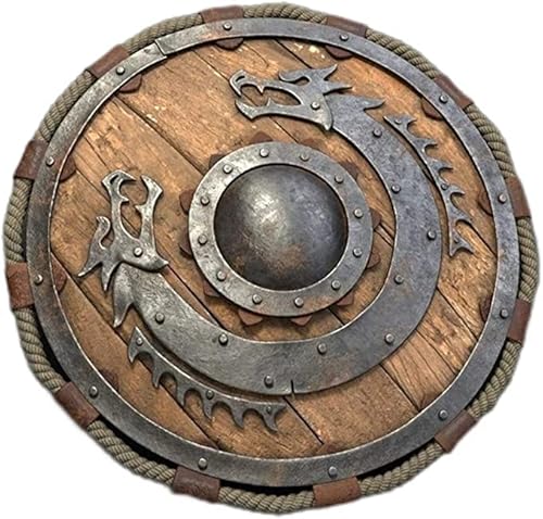 OVERSEAS MART Mittelalter Krieger Holz Wikinger Schild Rund Schild Drachengesicht Wikinger Schild für Halloween, Cosplay, Rollenspiele und Theaterspiele (61 cm) (Natur & Chrom) von OVERSEAS MART