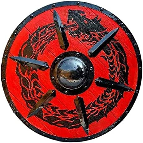 OVERSEAS MART Mittelalterlicher Krieger Holz Wikinger Schild Runder Schild Drachengesicht Wikinger Schild für Halloween, Cosplay, Rollenspiel und Theaterspiel (61 cm) (Rot) von OVERSEAS MART