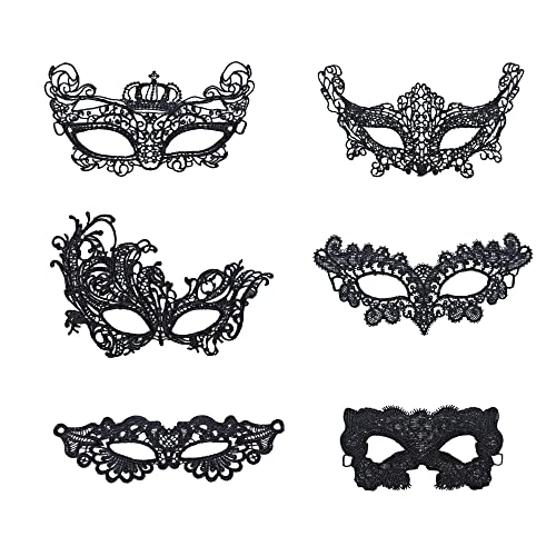 OVISEEN 6 Stück Damen Spitze Maske, Venezianische Maske Sexy Lace Maske Schwarz Augenmaske Maskerade Maske für Halloween Karneval Party Kostüm Ball von K-Musculo