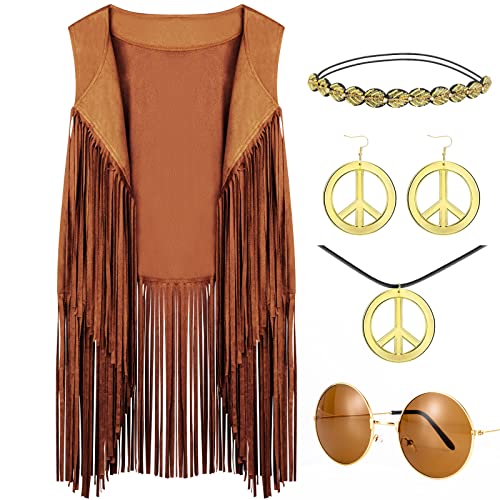 OWANVION 6 Stück Hippie Kostüm Set Damen Fransen Weste Faux Seude Quasten Weste 60er 70er Jahre Hippie Kostüm Zubehör Peace Sign Boho Set von OWANVION