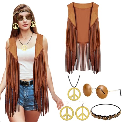 OWANVION 6 Stück Hippie Kostüm Set Damen Fransen Weste Faux Seude Quasten Weste 60er 70er Jahre Hippie Kostüm Zubehör Peace Sign Boho Set von OWANVION