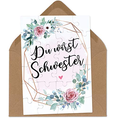 OWLBOOK Du wirst Schwester rosa Blumenkranz Puzzle mit Brief-Umschlag Geschenke Geschenkideen für die Familie zur Geburt & Schwangerschaft verkünden von OWLBOOK