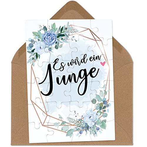 OWLBOOK Es Wird EIN Junge Blauer Blumenkranz Puzzle mit Brief-Umschlag Geschenke Geschenkideen für die Familie zur Geburt & Schwangerschaft verkünden von OWLBOOK